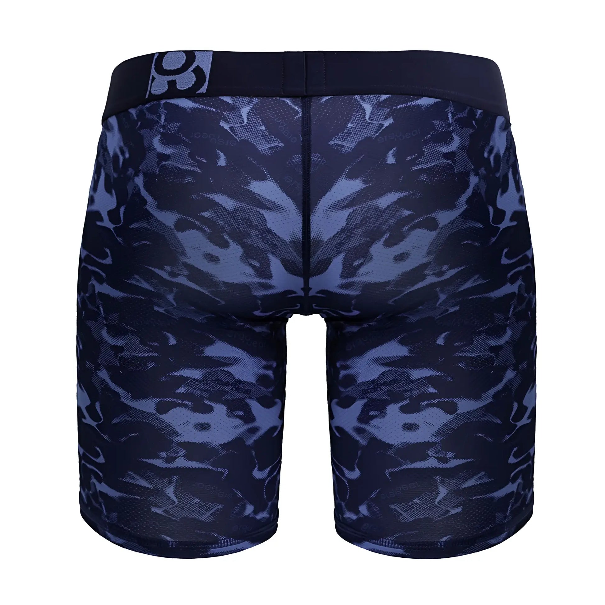 Dark blue and black camouflage pattern ergoWear ew1721 max se camo boxer briefs with black waistband and white logo