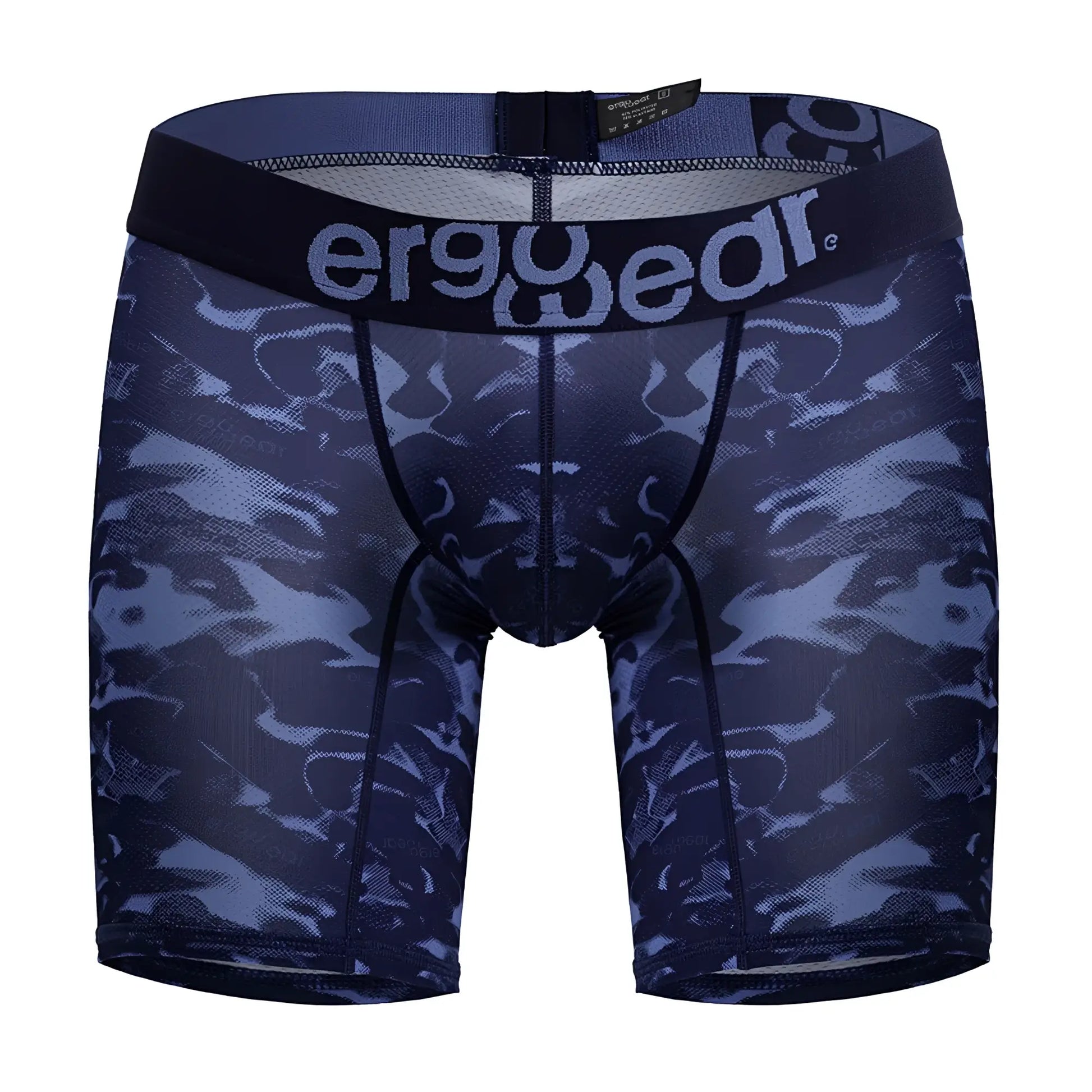Dark blue ergonomic boxer briefs with subtle camouflage pattern and ergowear logo on waistband ew1721 max se camo