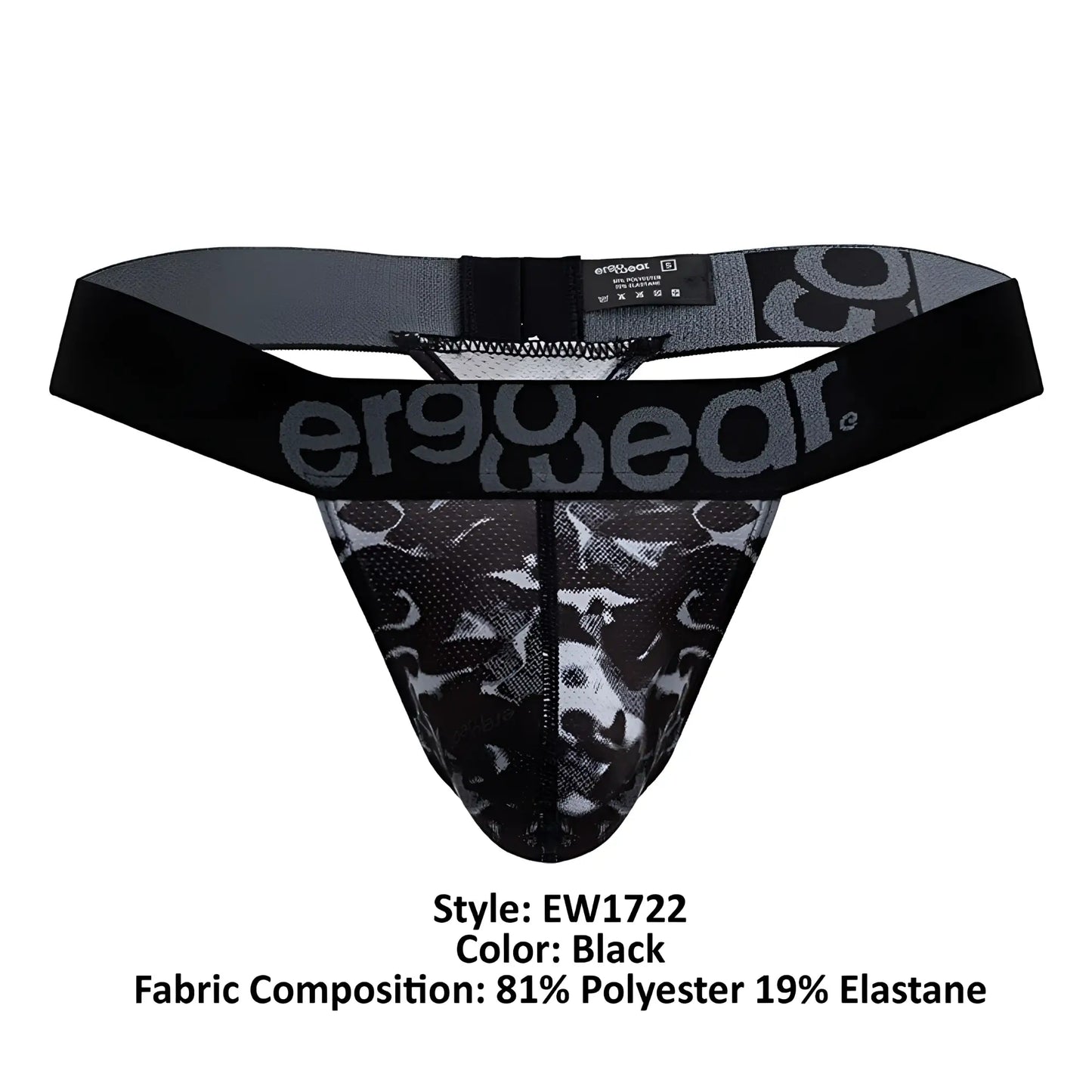 Black ergonomic brief with black and gray camouflage pattern and ergowear logo on waistband front side