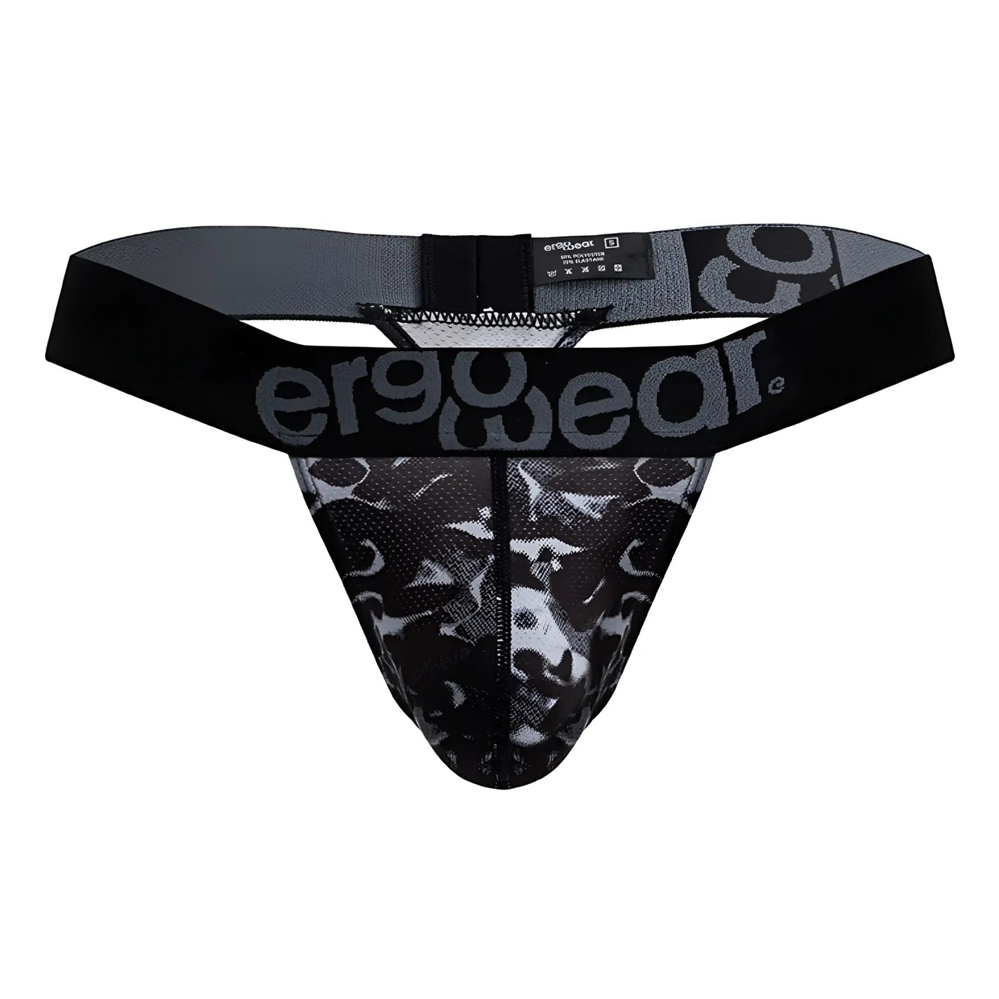Ergowear ew1722 max se camo black ergonomic g-string briefs with gray and black camouflage pattern and branded waistband