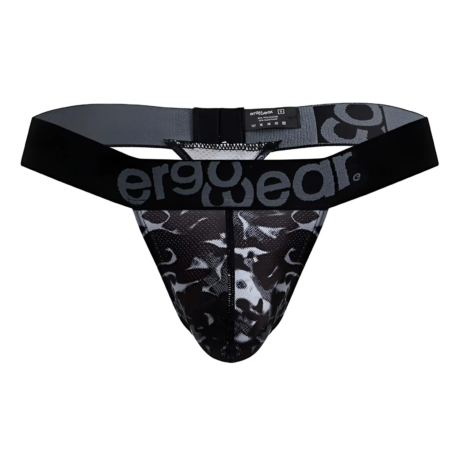 Ergowear ew1722 max se camo black ergonomic g-string briefs with gray and black camouflage pattern and branded waistband