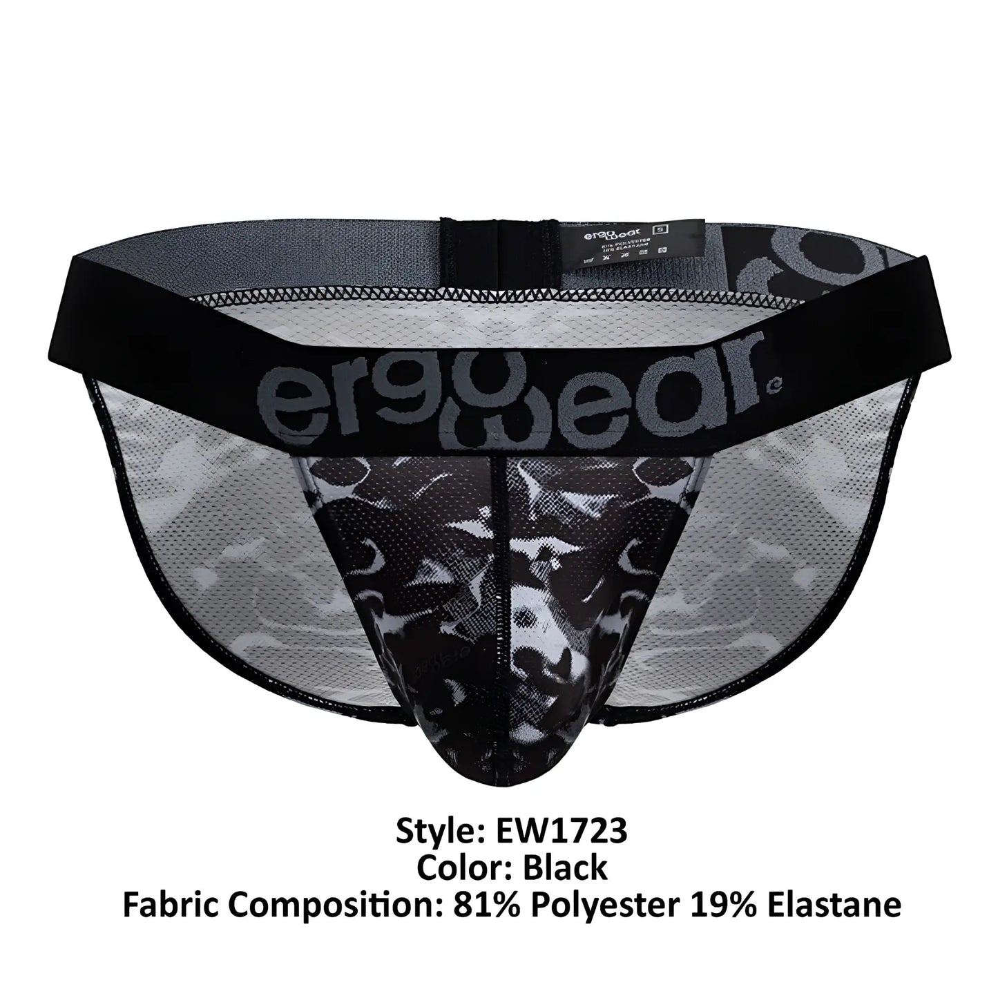 Black ergonomic briefs with camouflage pattern and mesh fabric featuring ergowear logo on waistband front view