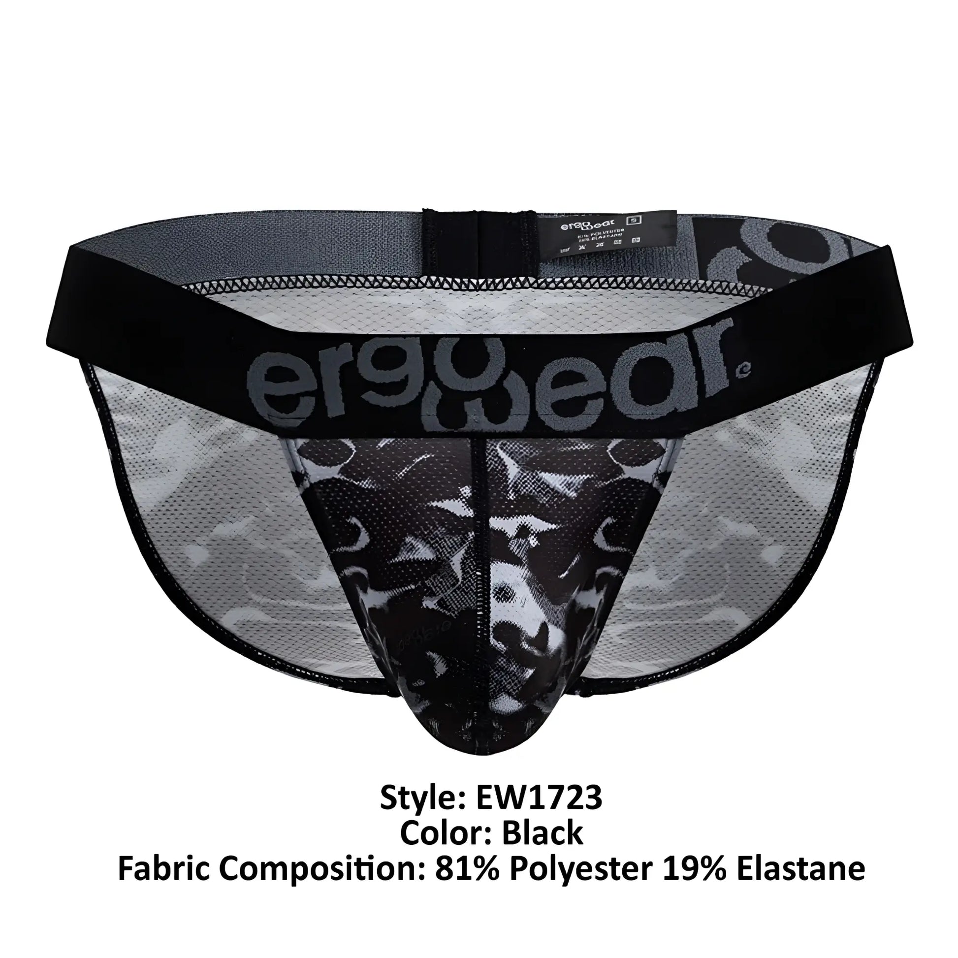 Black ergonomic briefs with camouflage pattern and mesh fabric featuring ergowear logo on waistband front view