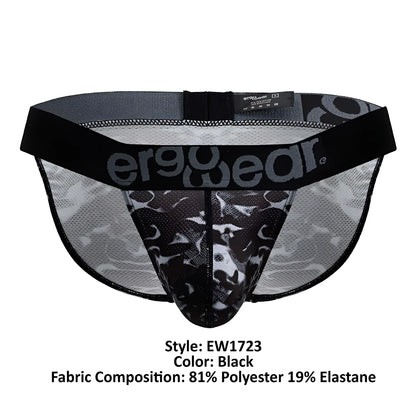 Black ergonomic briefs with camouflage pattern and mesh fabric featuring ergowear logo on waistband front view