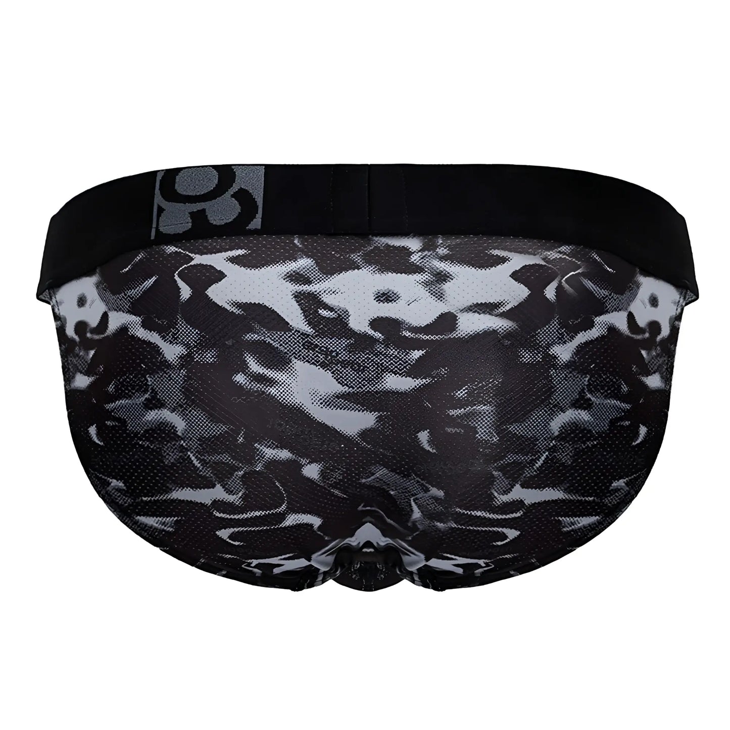 ErgoWear EW1723 MAX SE CAMO black athletic briefs with black and gray camouflage mesh fabric and solid black waistband