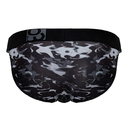 ErgoWear EW1723 MAX SE CAMO black athletic briefs with black and gray camouflage mesh fabric and solid black waistband