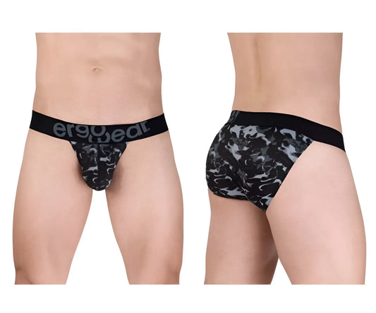 Ergowear ew1723 max se camo black bikini briefs with black elastic waistband and black gray camouflage pattern