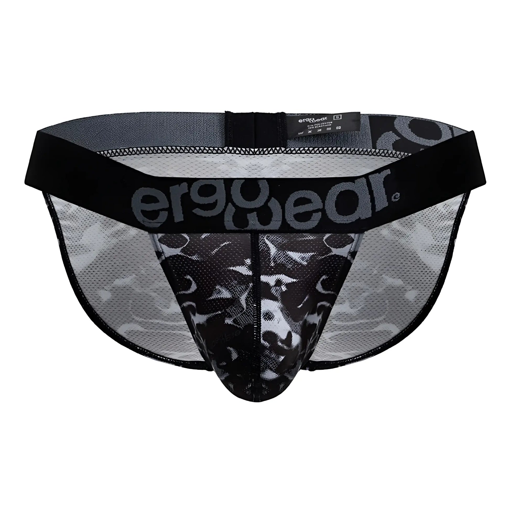 Black and gray camouflage mesh bikini briefs with black elastic waistband featuring ergo wear logo ew1723 max se camo