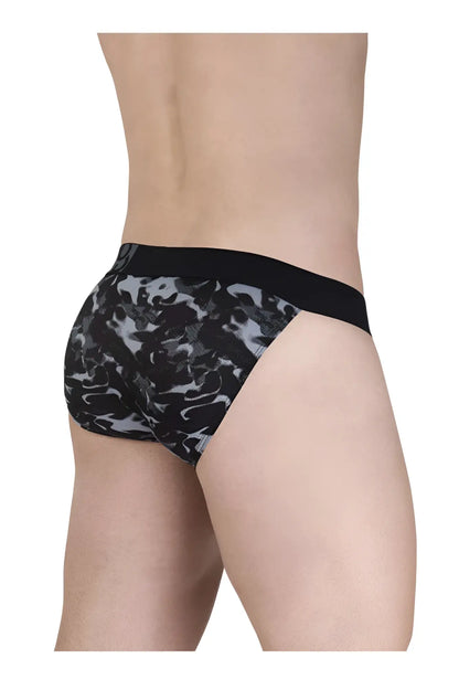 ErgoWear ew1723 max se camo bikini briefs in black with black waistband and black and gray camouflage pattern