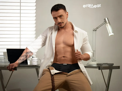 Black ergonomic cotton trunks with subtle ergo wear logo on waistband for comfortable everyday wear