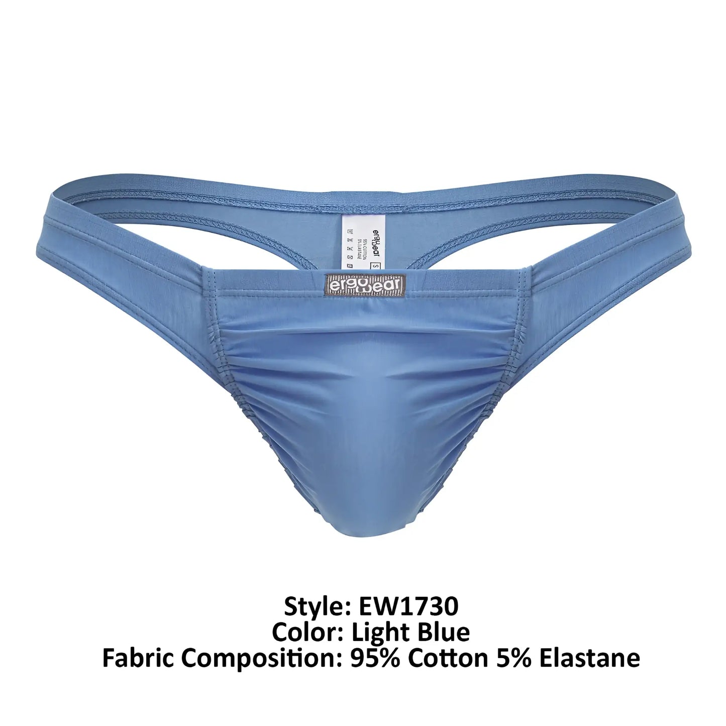 Light blue ergoWear ew1730 feel gr8 cotton men’s thong made of 95 percent cotton and 5 percent elastane with front ruching