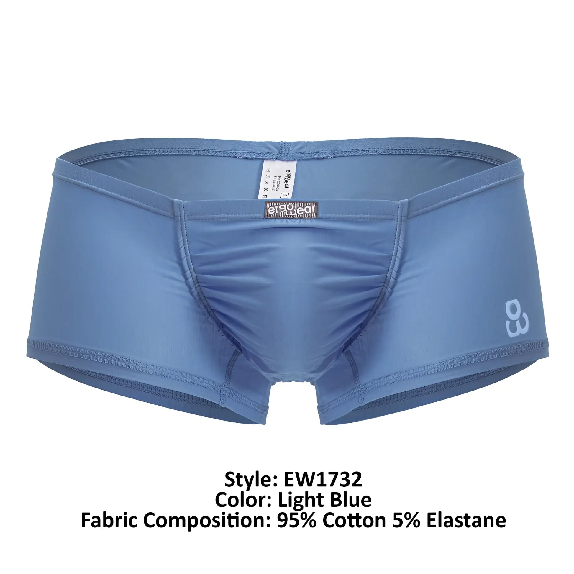 Light blue ergo wear ew1732 feel gr8 cotton trunks made of 95% cotton 5% elastane with subtle brand logo on the side