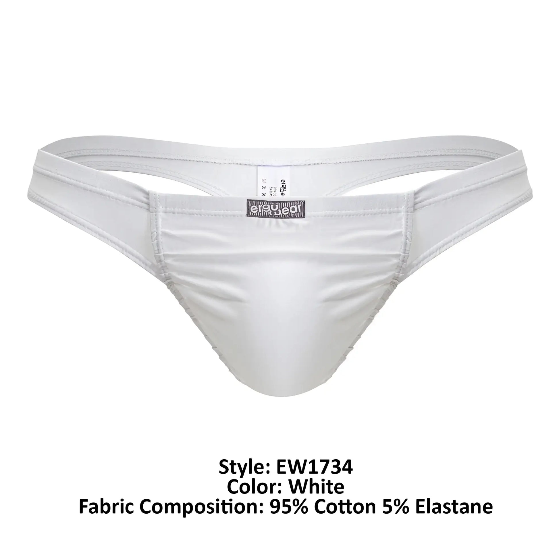 White ergowear ew1734 feel gr8 cotton men’s thong with smooth satin finish and subtle seam detail along leg openings