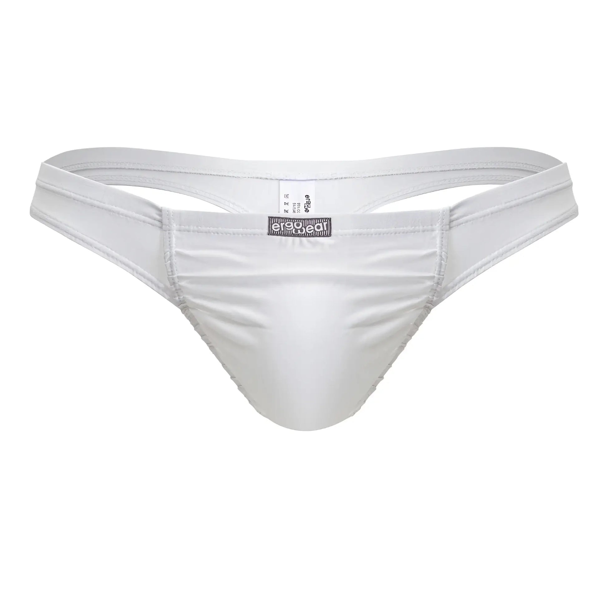 White mens thong with smooth satin finish cotton fabric and branded label at center by ErgoWear EW1734 Feel GR8