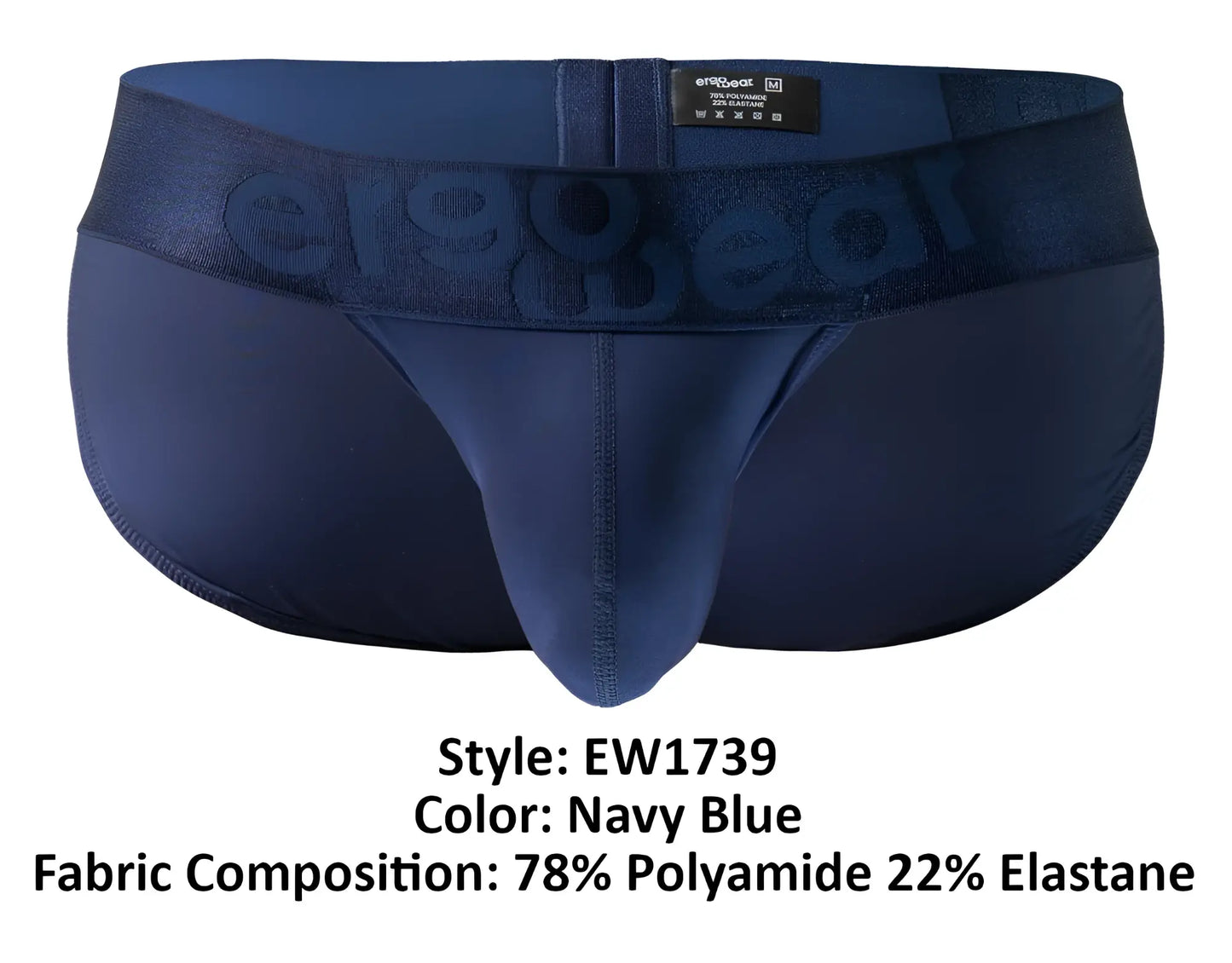 Navy blue ErgoWear EW1739 MAX BOLD men’s briefs with textured waistband embossed with er1983 brand name