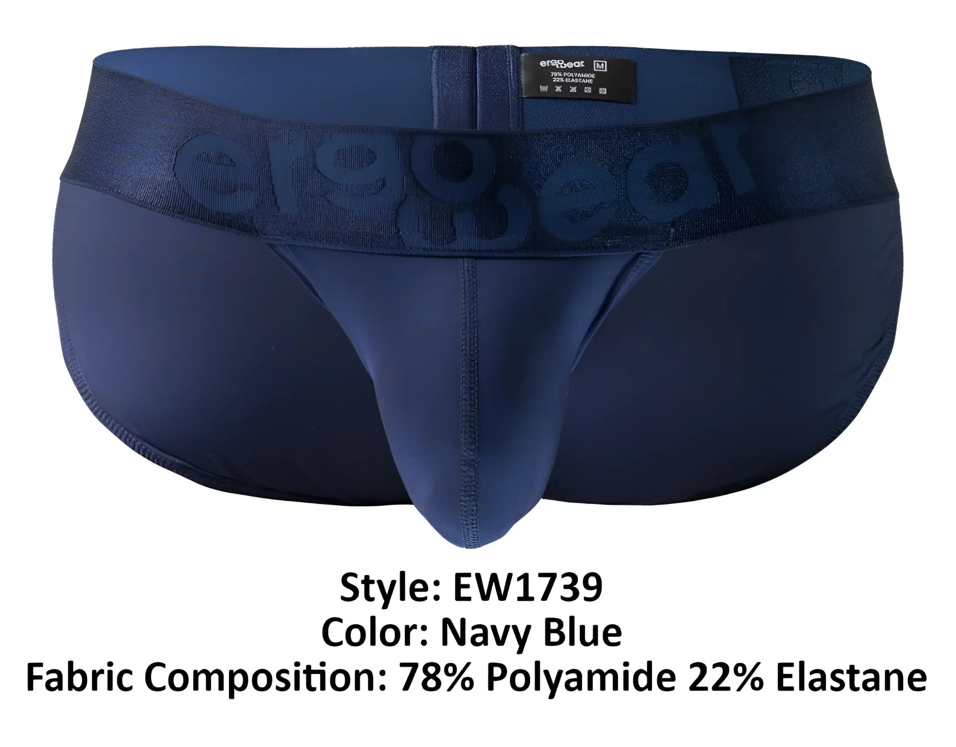 Navy blue ErgoWear EW1739 MAX BOLD men’s briefs with textured waistband embossed with er1983 brand name