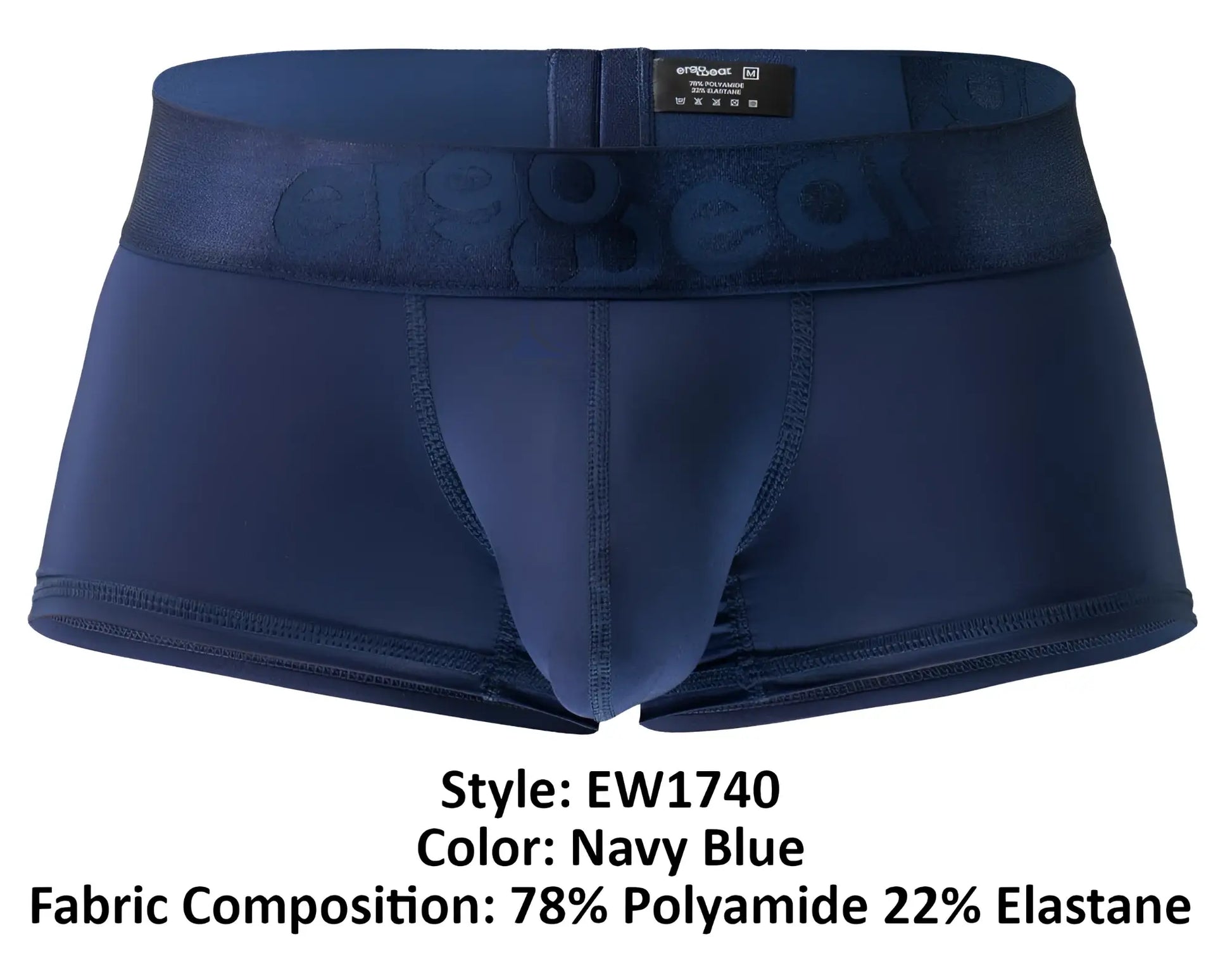 Ergo wear ew1740 max bold trunks in navy blue featuring stretchy form fitting design and subtle waistband logo
