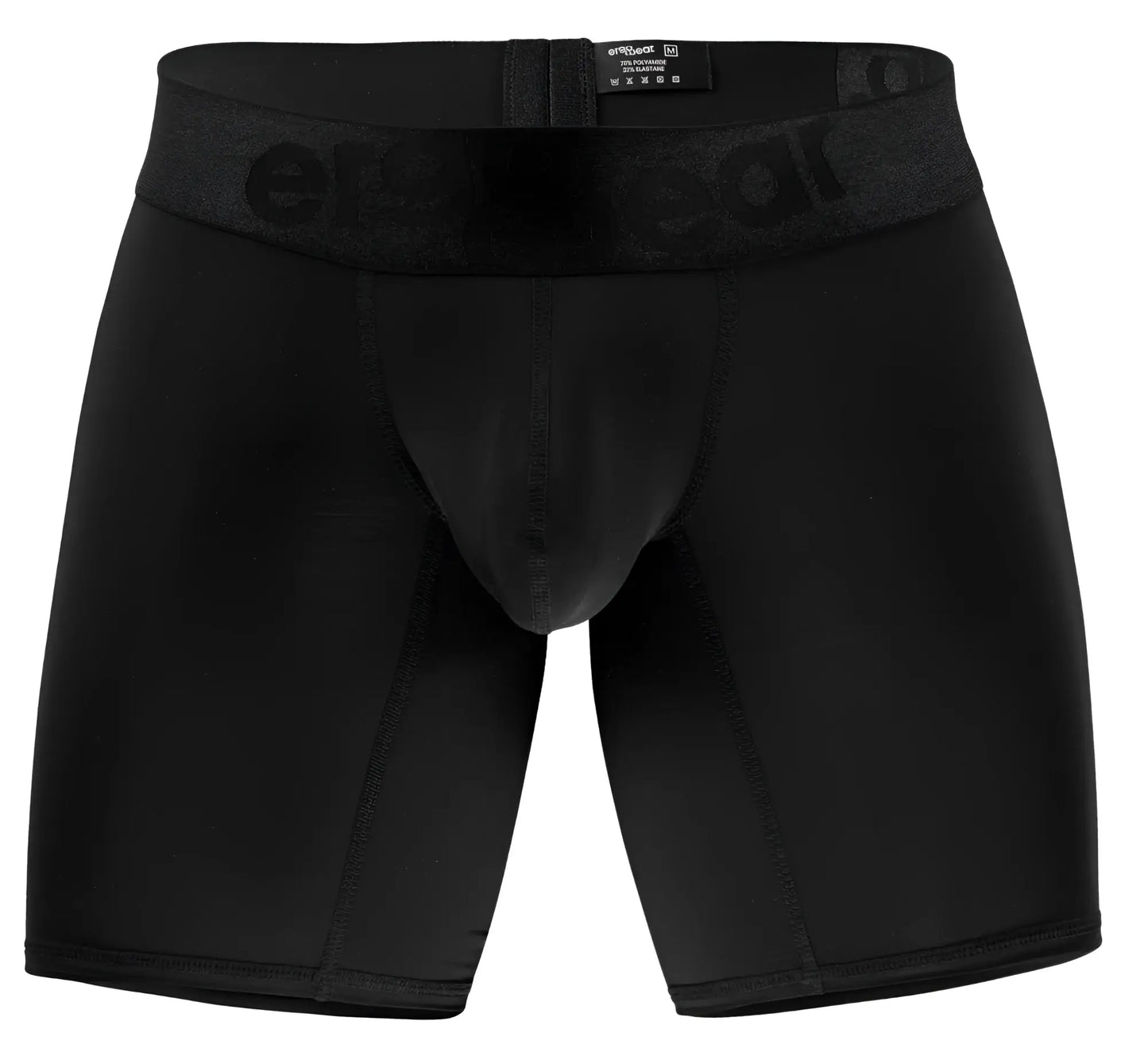 Black ErgoWear ew1749 max bold boxer briefs with snug elastic waistband embossed with brand name in black color