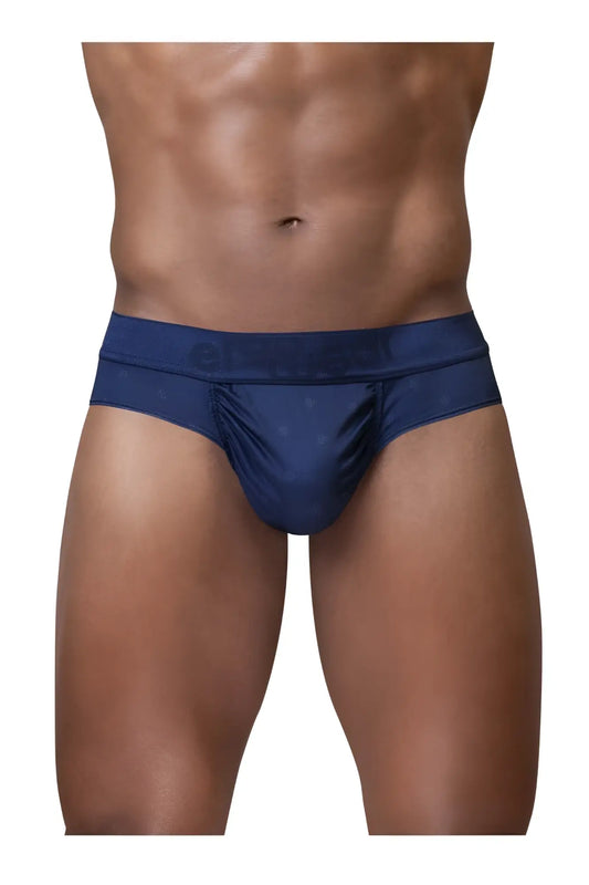 Ergowear ew1751 feel se briefs in navy blue satin fabric with subtle pattern and cinnamon brand on waistband