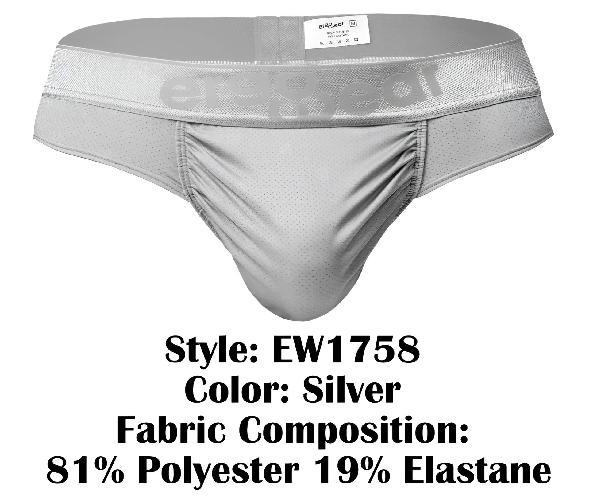 Silver mesh athletic briefs with branded waistband and ruched front panel from ergowear ew1758 feel se thongs