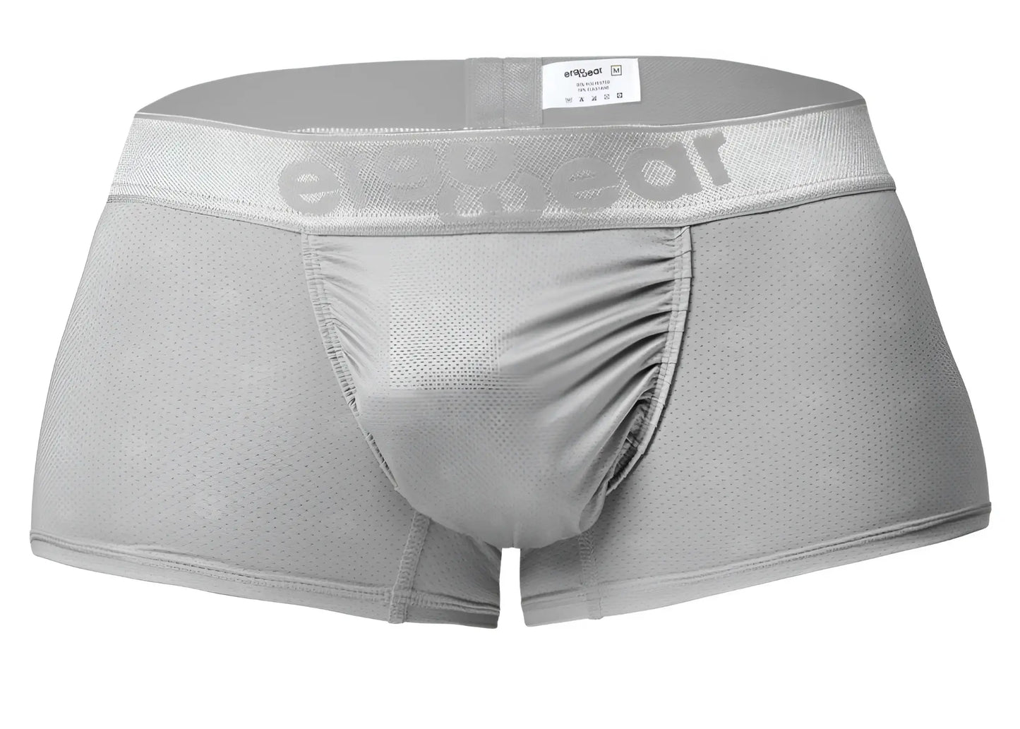Gray mesh men’s underwear trunk in silver with subtle erectwear logo on the waistband ergonomic and breathable design