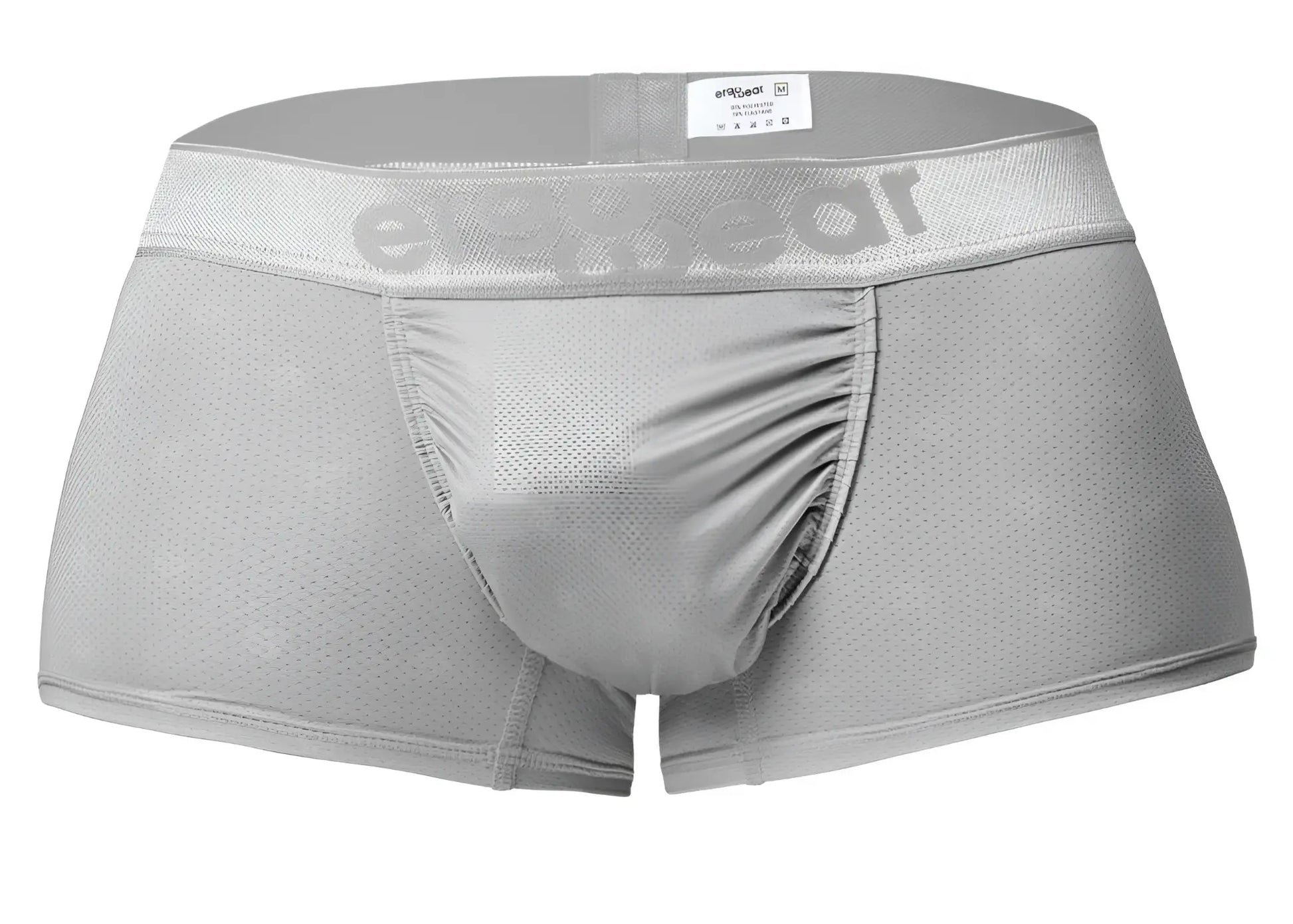 Gray mesh men’s underwear trunk in silver with subtle erectwear logo on the waistband ergonomic and breathable design
