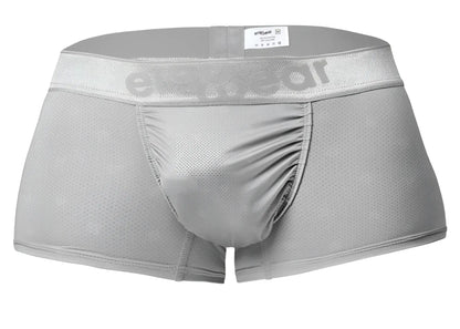 Gray mesh men’s underwear trunk in silver with subtle erectwear logo on the waistband ergonomic and breathable design
