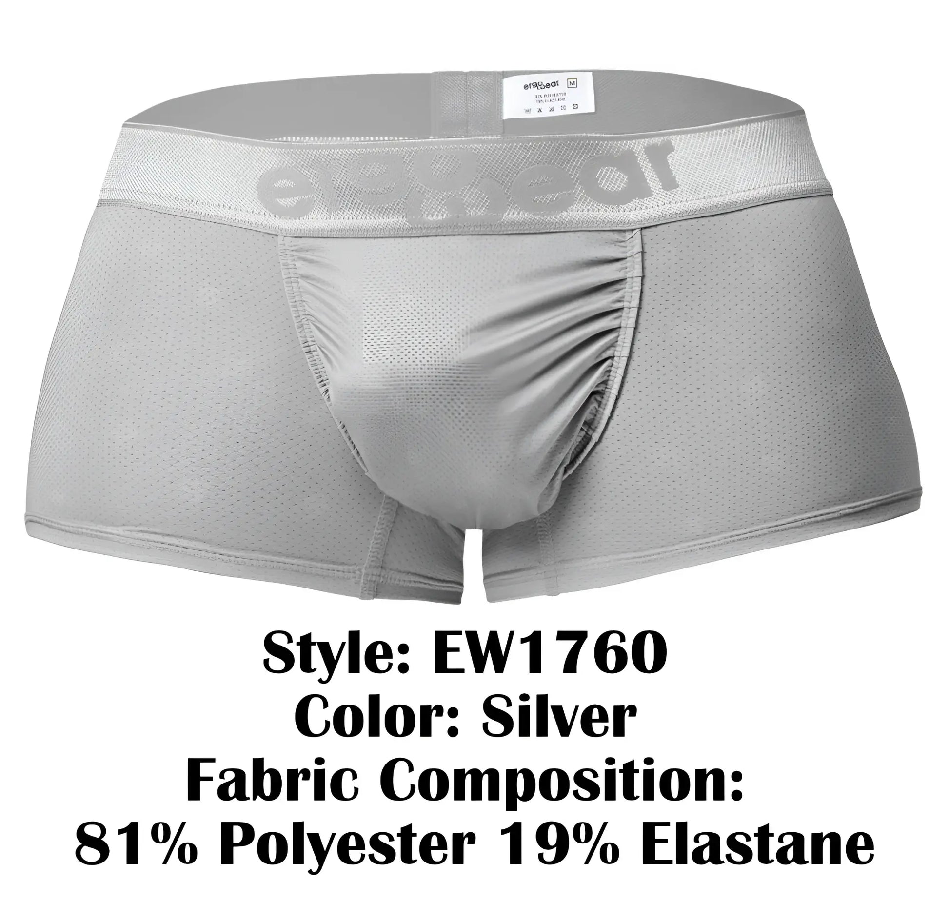 Silver men’s boxer briefs with mesh fabric and elastic waistband featuring e-reear logo from ergowear ew1760 feel se trunks