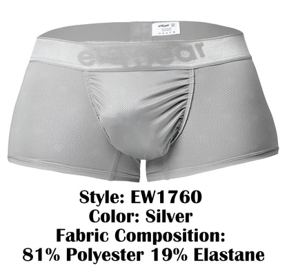 Silver men’s boxer briefs with mesh fabric and elastic waistband featuring e-reear logo from ergowear ew1760 feel se trunks