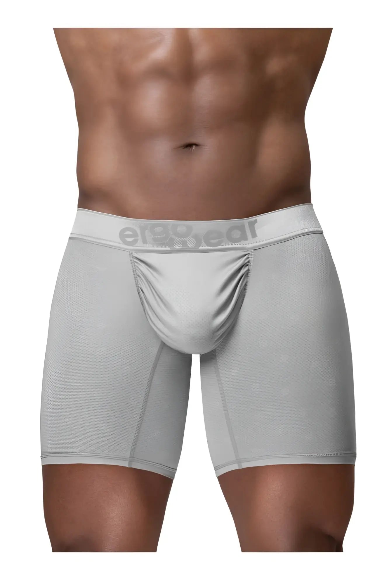 Gray ergonomic boxer briefs with subtle textured pattern and ergo wear logo on waistband in silver color