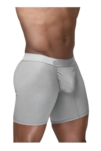 Gray ergo wear ew1761 feel se boxer briefs with textured fabric and elastic waistband featuring e logo in silver