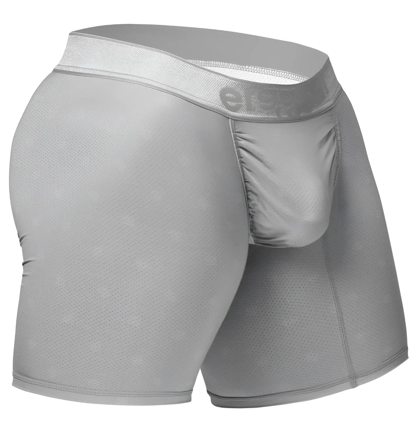 Gray men’s boxer briefs in textured mesh fabric with elastic waistband featuring elevate logo color silver