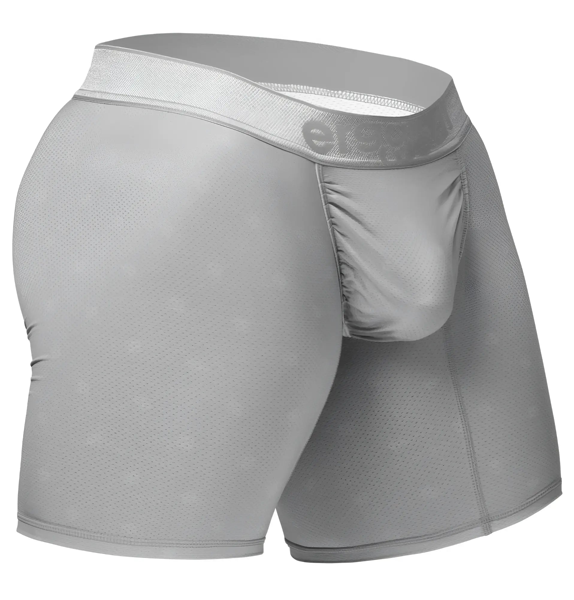 Gray men’s boxer briefs in textured mesh fabric with elastic waistband featuring elevate logo color silver