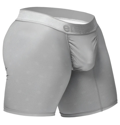 Gray men’s boxer briefs in textured mesh fabric with elastic waistband featuring elevate logo color silver