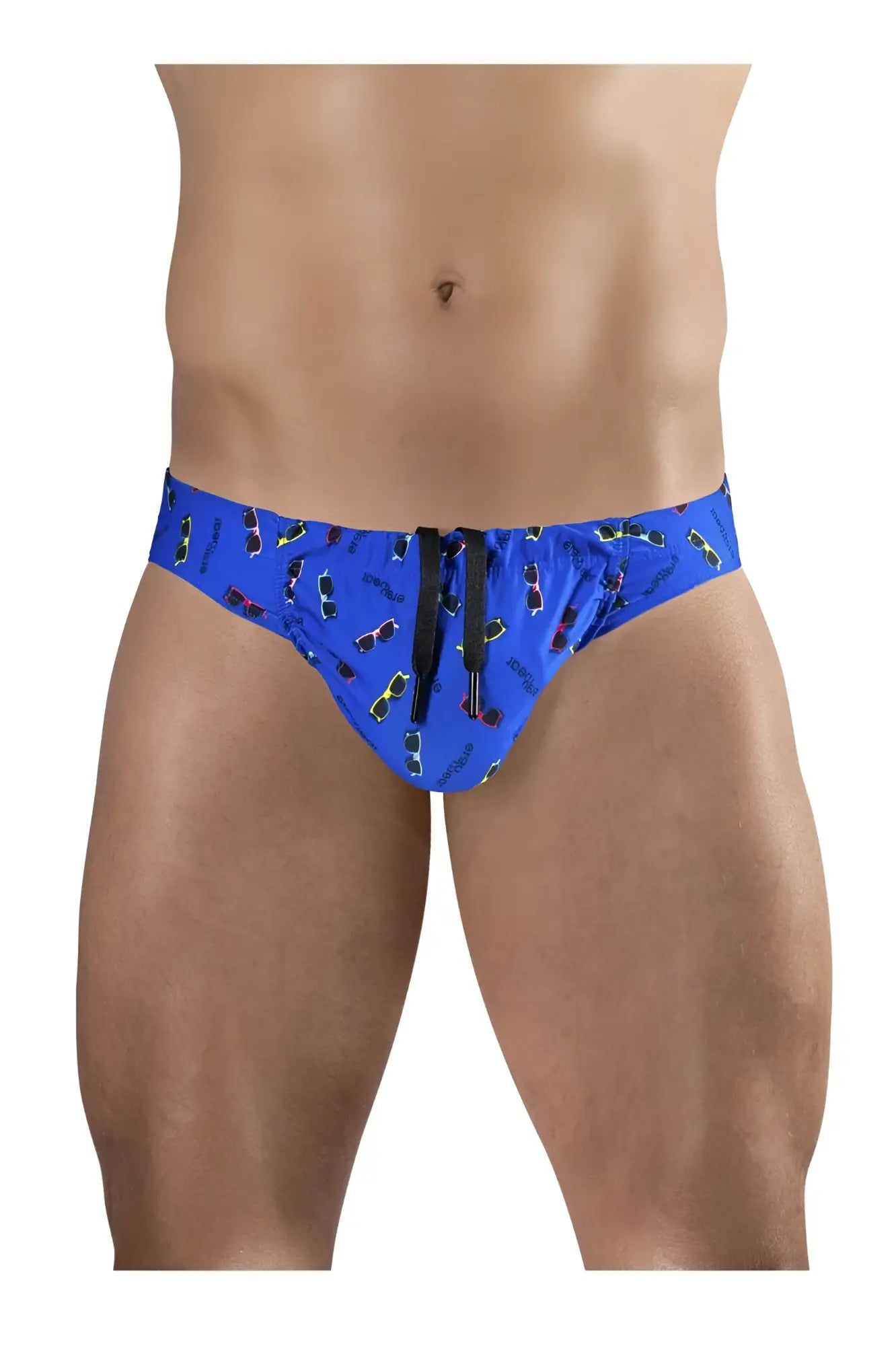 Blue ergonomic swim briefs ew1764 feel sw with sunglass pattern crooked print and black drawstrings