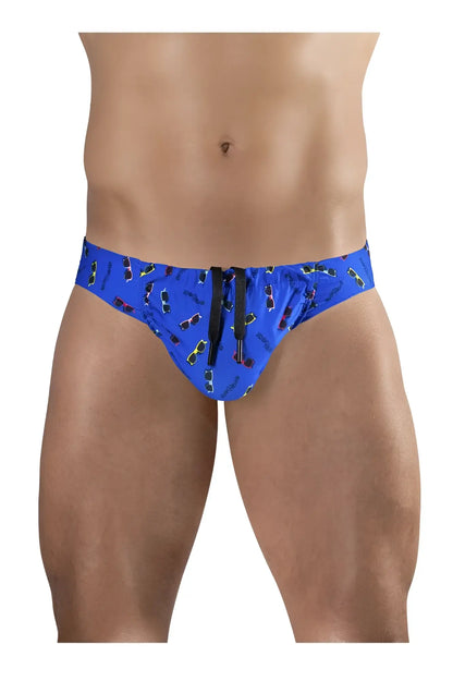 Blue ergonomic swim briefs ew1764 feel sw with sunglass pattern crooked print and black drawstrings