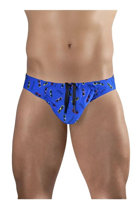 Blue ergonomic swim briefs ew1764 feel sw with sunglass pattern crooked print and black drawstrings