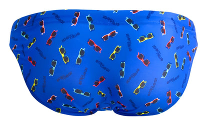 Blue ErgoWear EW1764 FEEL SW swim briefs featuring a vibrant colorful sunglasses pattern perfect for swimwear use