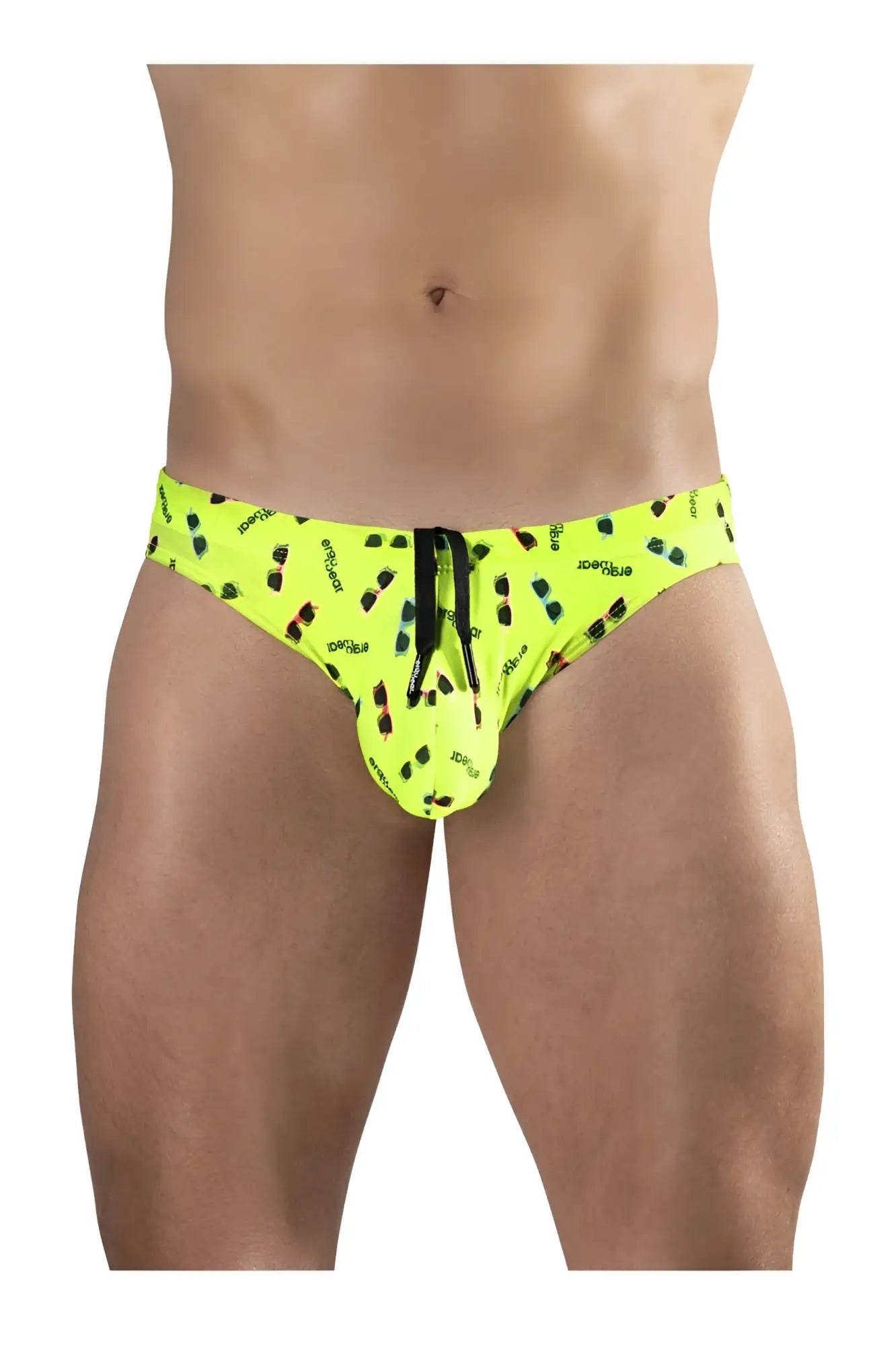 Bright neon green ergo wear ew1765 x4d swim briefs with playful black and red sunglasses pattern