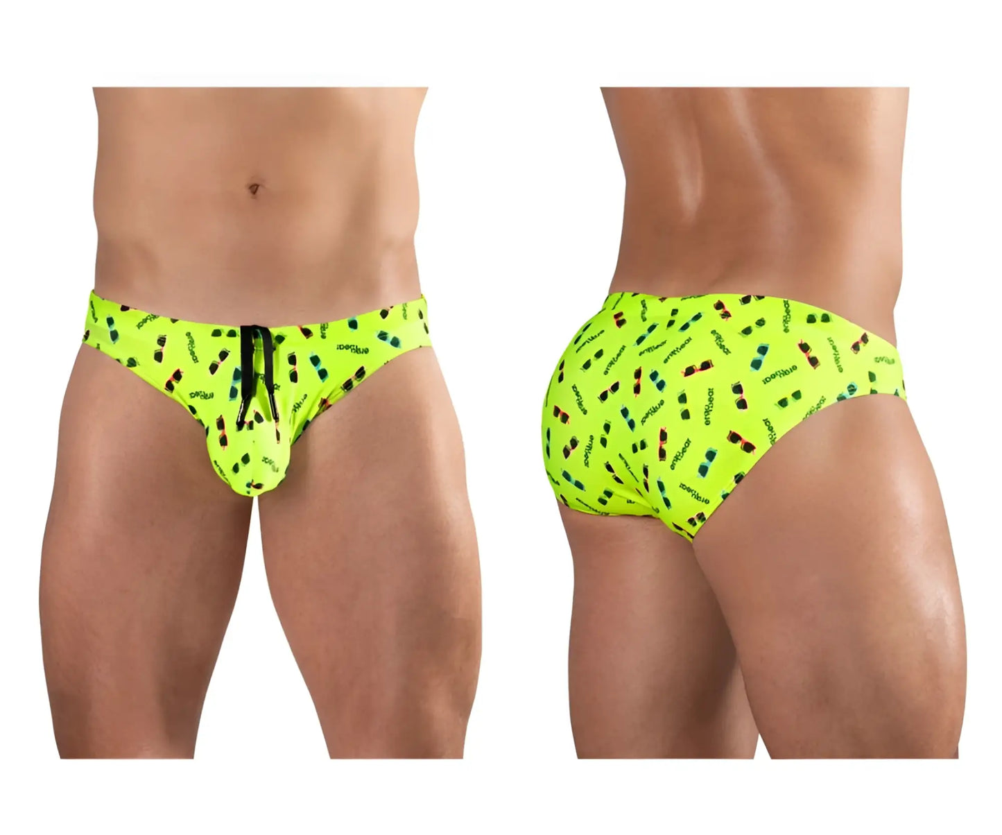 Vibrant neon green ergoWear EW1765 X4D swim briefs with colorful sunglasses pattern and carnival branding