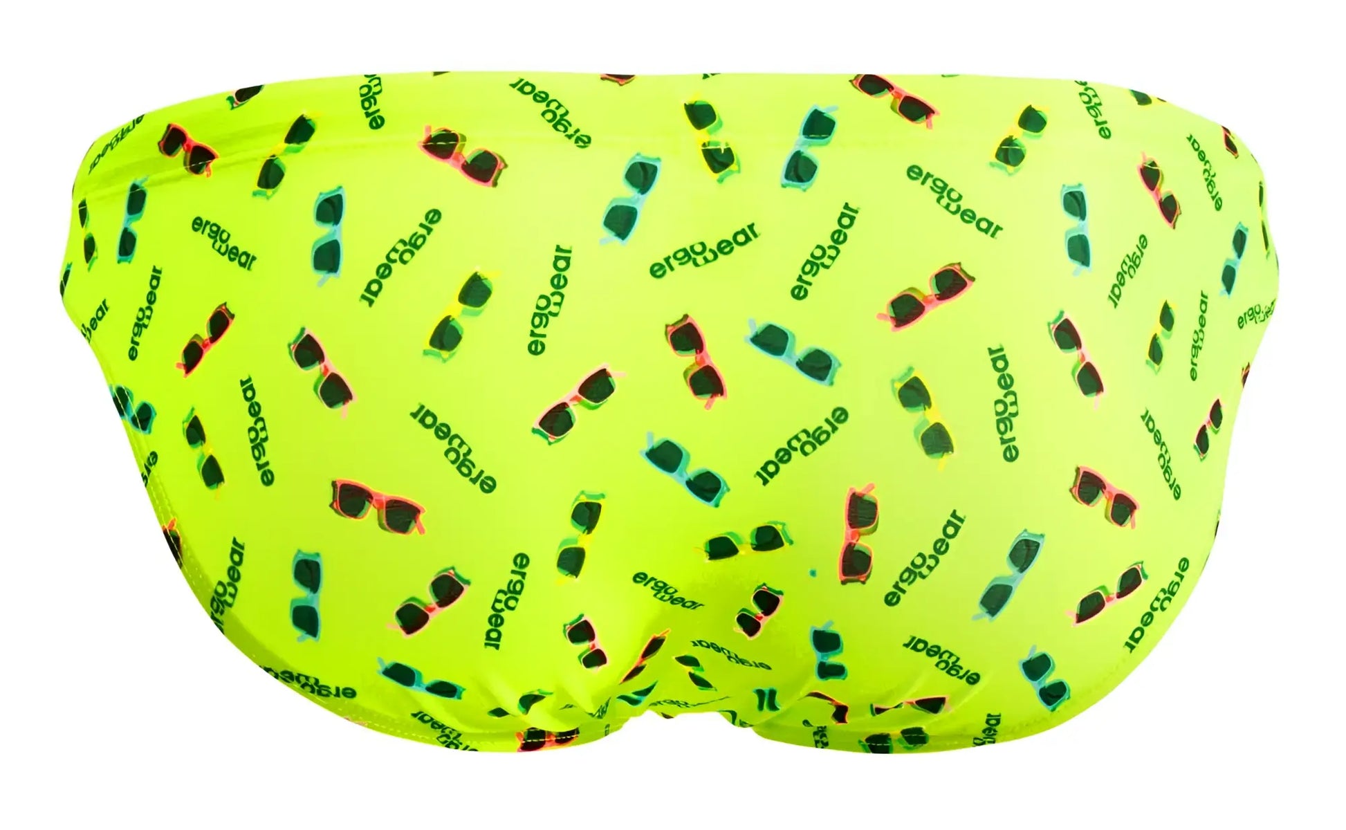 Vibrant neon green ergowear ew1765 x4d swim briefs with colorful sunglasses pattern and ergobear branding in bright yellow