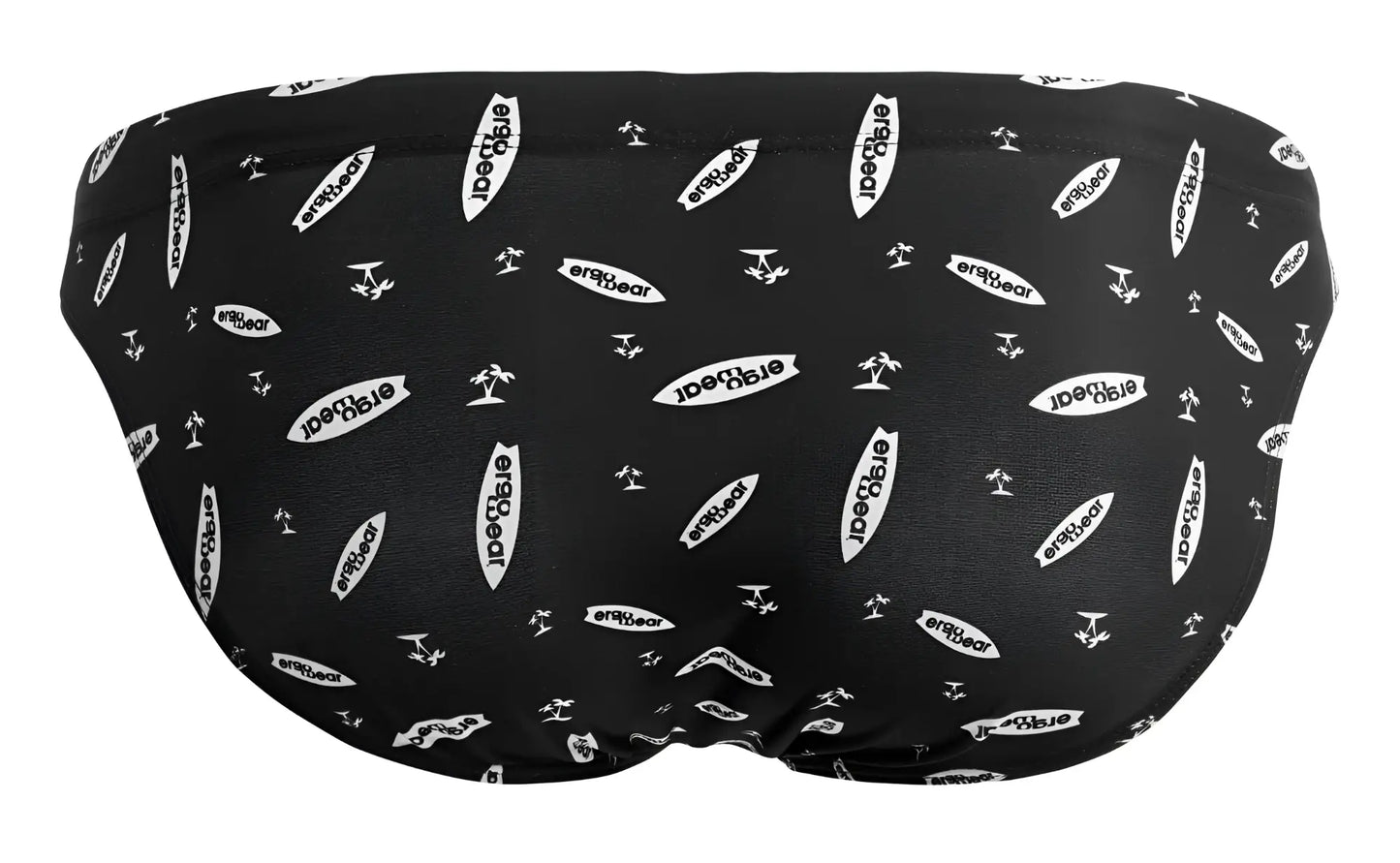Black ergowear ew1766 x4d swim briefs with repeating white eraygear logo and surfboard pattern