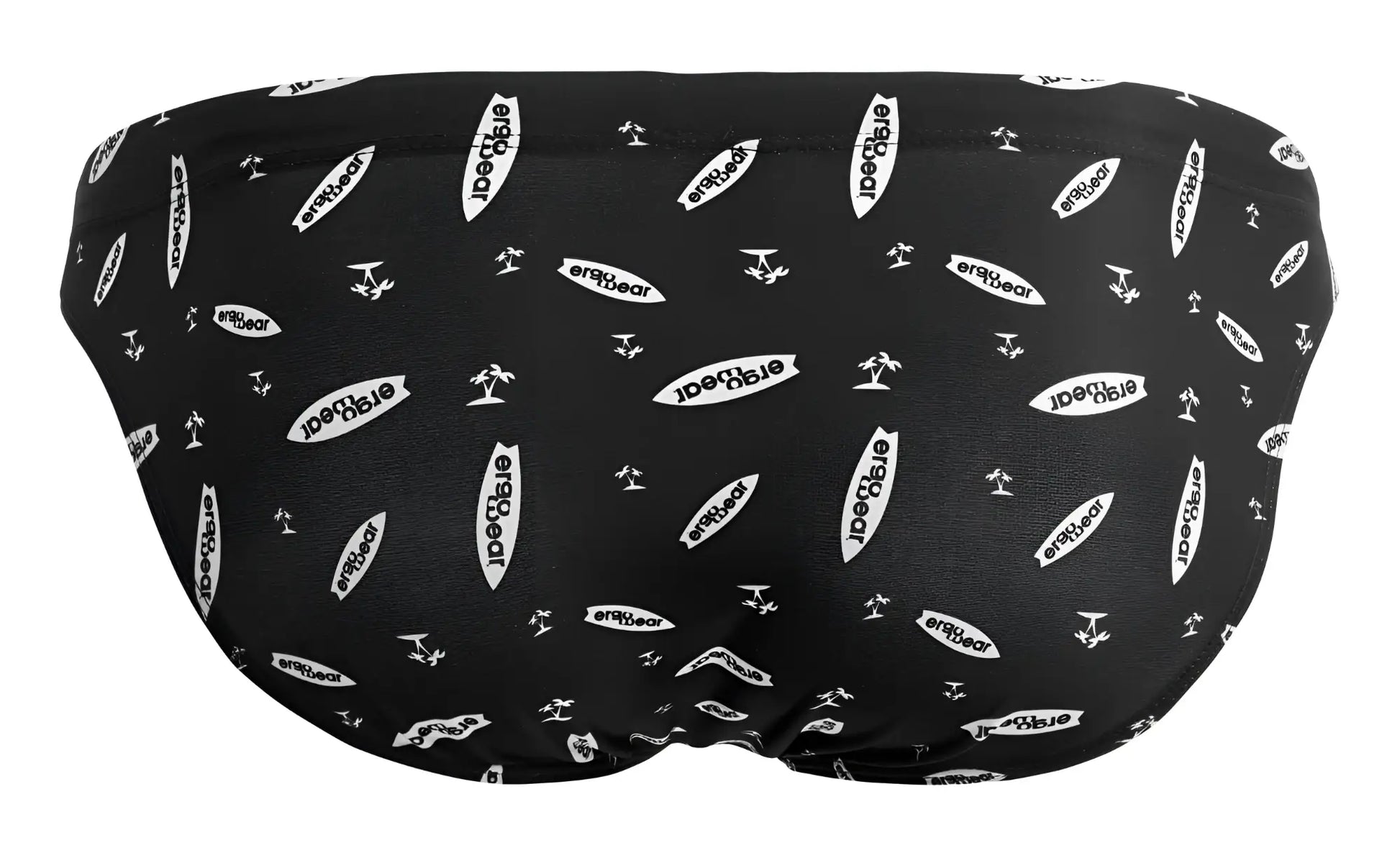 Black ergowear ew1766 x4d swim briefs with repeating white eraygear logo and surfboard pattern