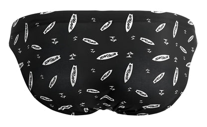 Black ergowear ew1766 x4d swim briefs with repeating white eraygear logo and surfboard pattern