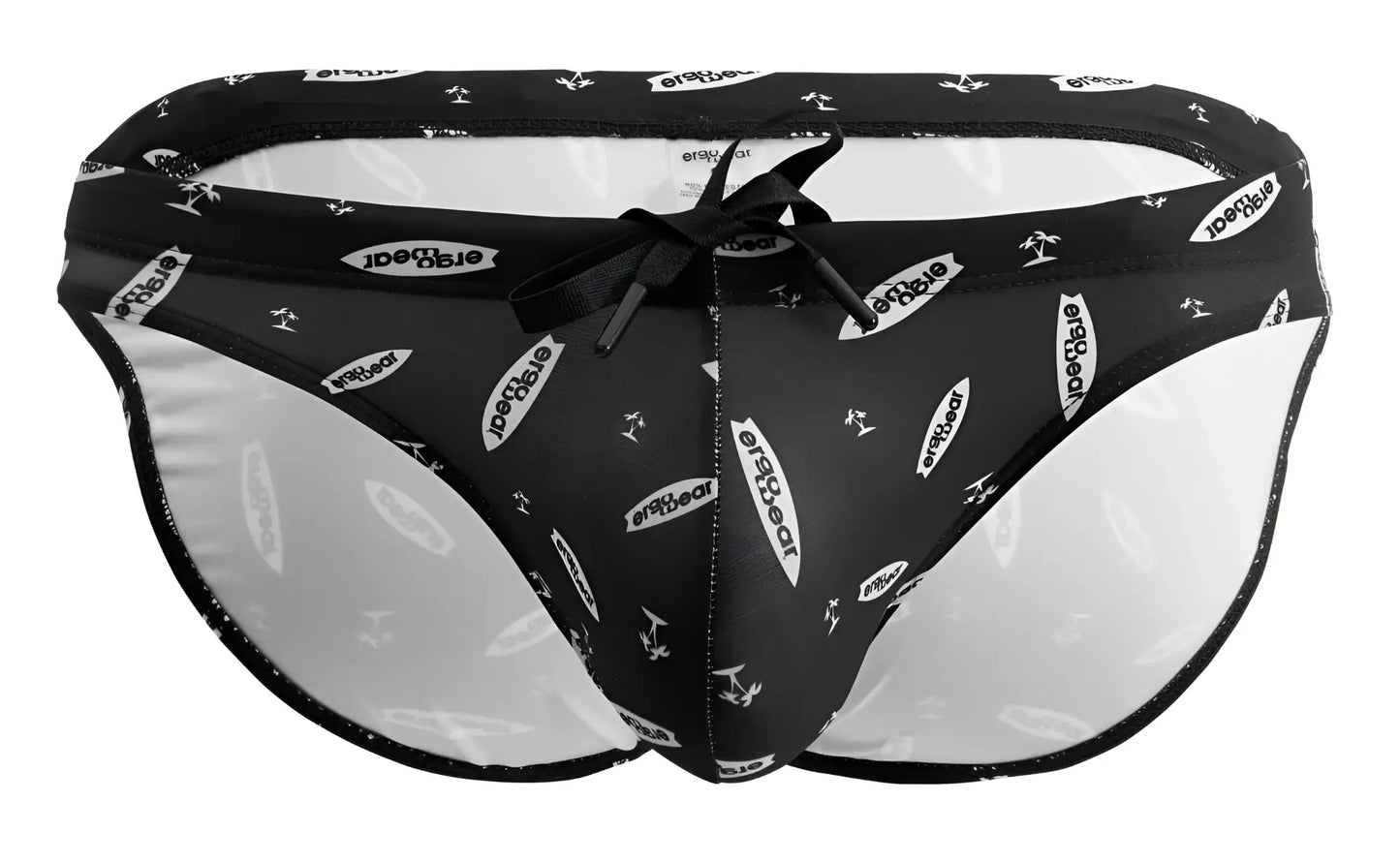 Black and white patterned ErgoWear EW1766 X4D SW men’s swim briefs with satin bow tie at the front
