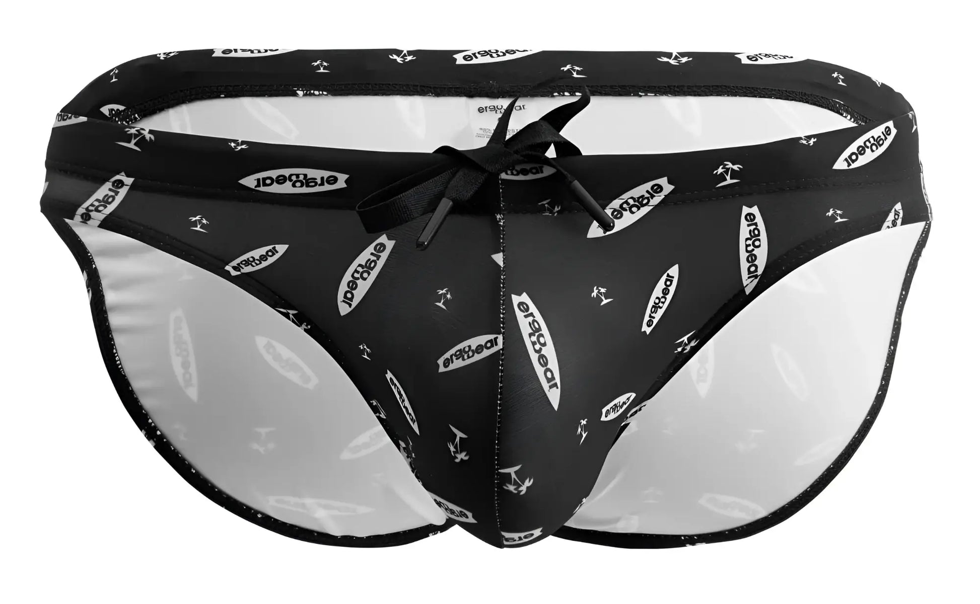 Black and white patterned ErgoWear EW1766 X4D SW men’s swim briefs with satin bow tie at the front