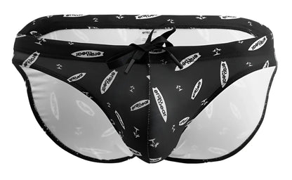 Black and white patterned ErgoWear EW1766 X4D SW men’s swim briefs with satin bow tie at the front