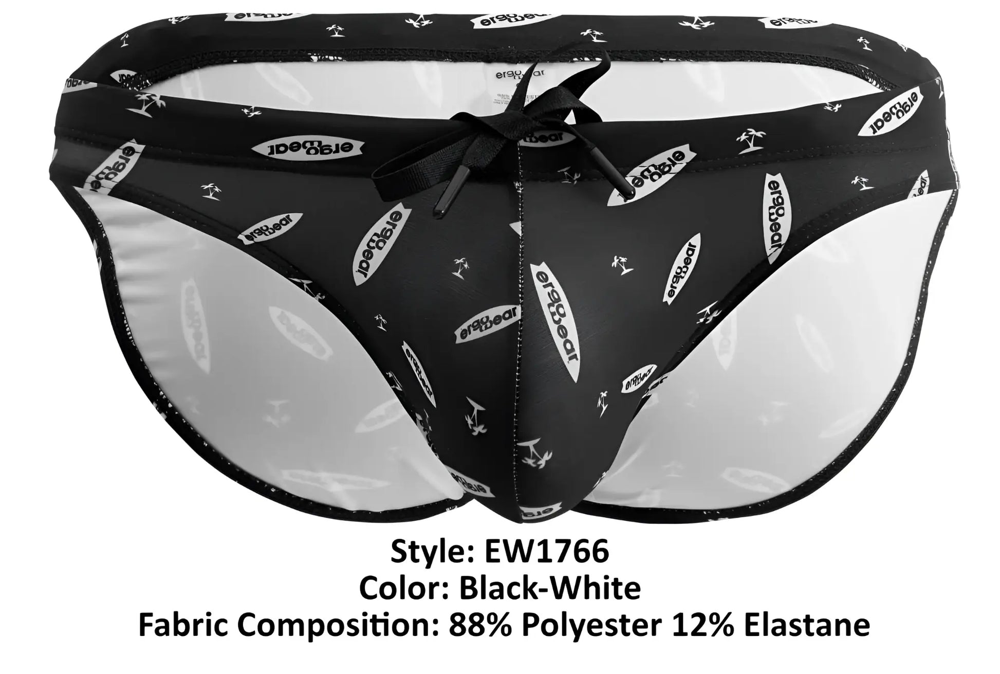 Ergowear EW1766 X4D swim briefs in black and white surfboard pattern with drawstring waistband for swimming