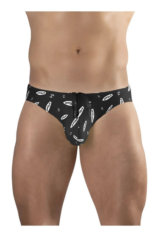 Ergowear ew1766 x4d black-white swim briefs with front zipper and white surfboard and surf logo pattern