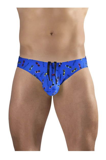 ErgoWear ew1767 x4d blue swim briefs with colorful sunglasses pattern and black drawstrings for secure closure